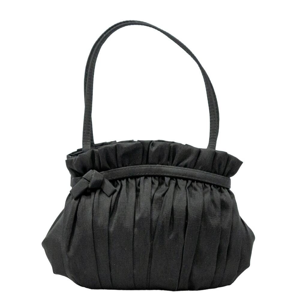 VTG La Regale Black Pleated Evening Bag Fabric Ruffle Top Handle Purse Formal
